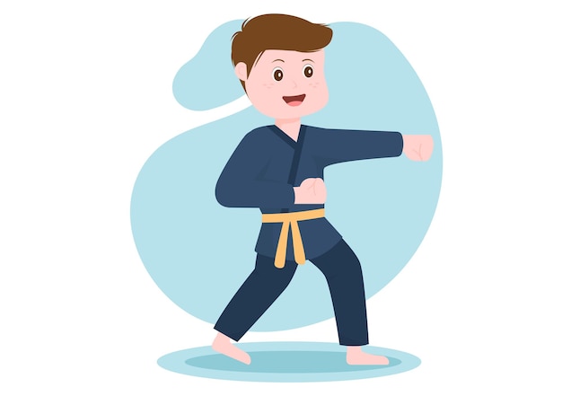 Bambini svegli del fumetto che fanno alcune mosse di arti marziali di karate di base e che indossano il kimono nell'illustrazione
