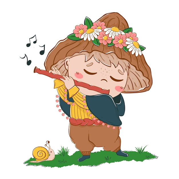 Bambino con cappello a fungo suona musica in una pipa in una radura Carattere allegro cartone animato da favola
