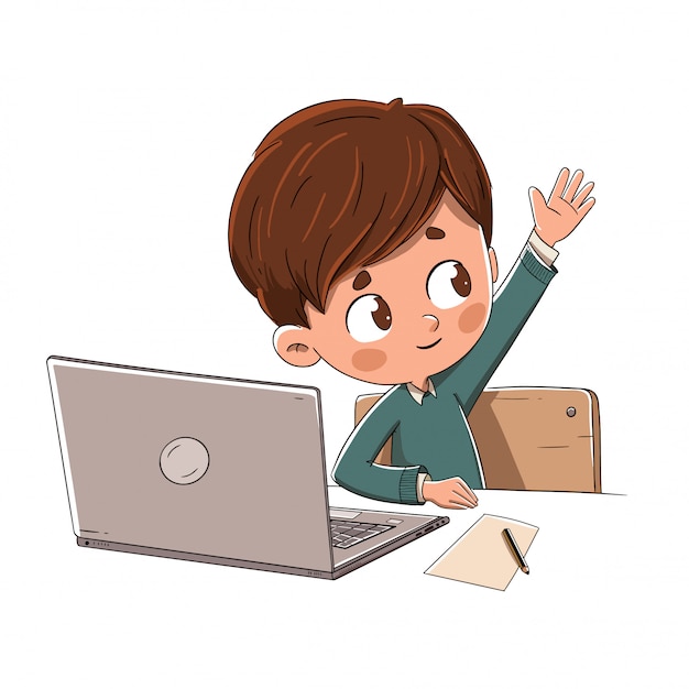 Bambino con un computer alzando la mano in classe
