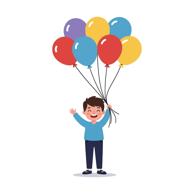 Bambino felice che tiene con gioia palloncini colorati in un'arte vettoriale in stile minimo piatto