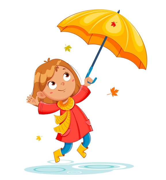 bambino felice e divertente con un impermeabile rosso e stivali di gomma autunno piovoso ragazza allegra personaggio dei cartoni animati
