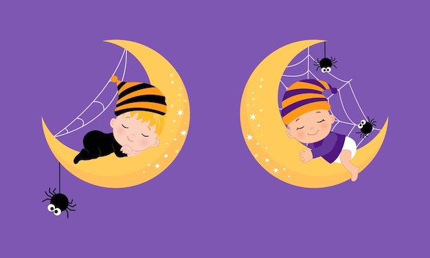 Bambino sveglio che dorme sulla luna nel tema di Halloween Design piatto vettoriale dei cartoni animati