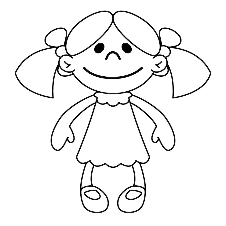 Vettore bambola in bianco e nero illustrazione di cartone animato vettoriale di una ragazzina in abito isolato su bianco