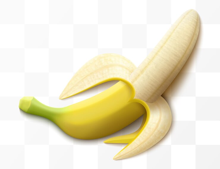 Vettore banana a metà sbucciata isolata su uno sfondo trasparente frutto di banana tropicale leggermente curvo