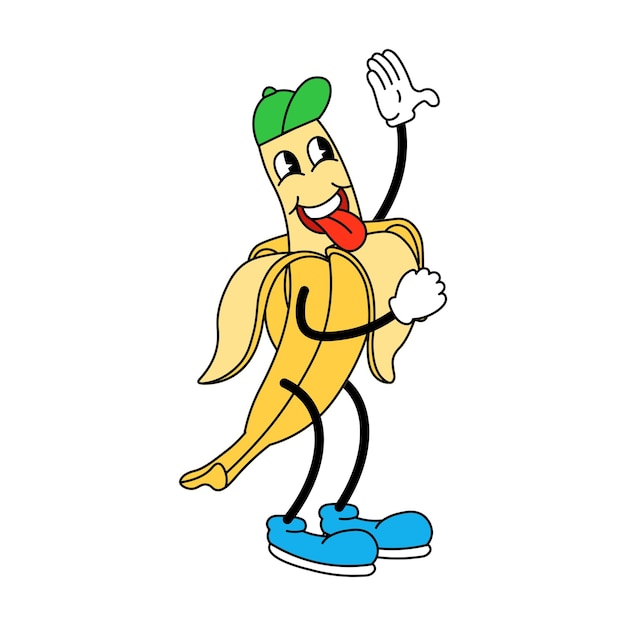 Banana cartone animato con facciaAdesivi cartoni animati retrò alla moda Personaggio comico con mani guantate e stivali