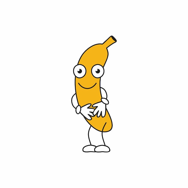 Banana con una faccia e un sorriso. Buon umore. Vettore di un personaggio dei cartoni animati. Emoticon di frutta.