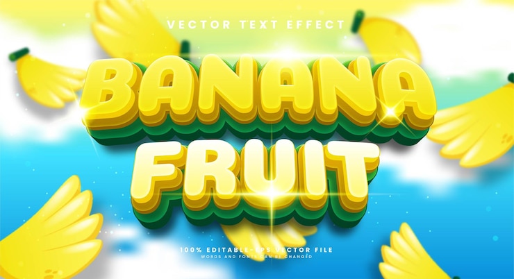 Vettore banana fruit effetto testo modificabile 3d con collor giallo adatto a tema frutta tropicale