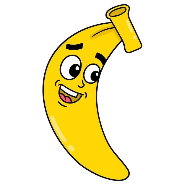 Banana gialla che ride faccia felice amichevole, emoticon di cartone di illustrazione vettoriale. disegno dell'icona scarabocchio