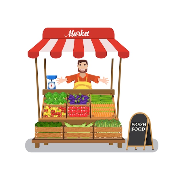 Bancarella del mercato con il venditore che commercia le verdure