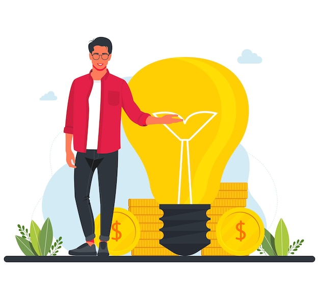 Banchieri d'affari di successo sono in piedi accanto a una grande lampadina e monete. , cercando nuovi investimenti, iniziando a lavorare. Il tempo è denaro. Illustrazione di concetto di affari. Idea imprenditoriale.