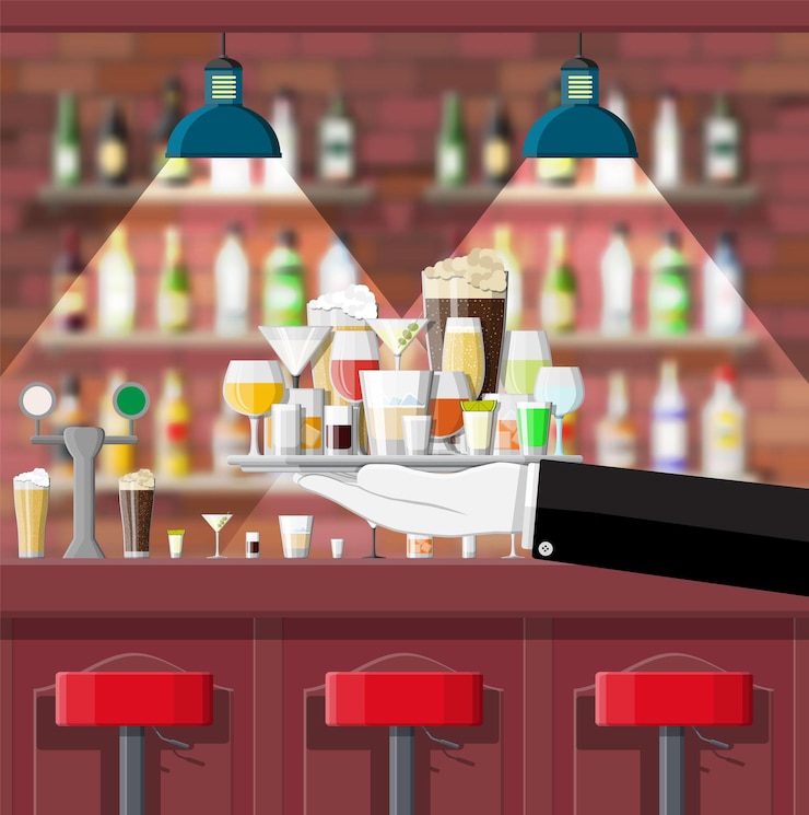 Vettore bancone bar e mensole con bottiglie di alcolici