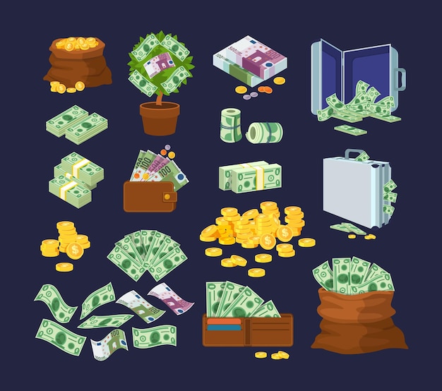 Banconote e monete in euro e dollari, borsa di monete d'oro, albero dei soldi con banconote