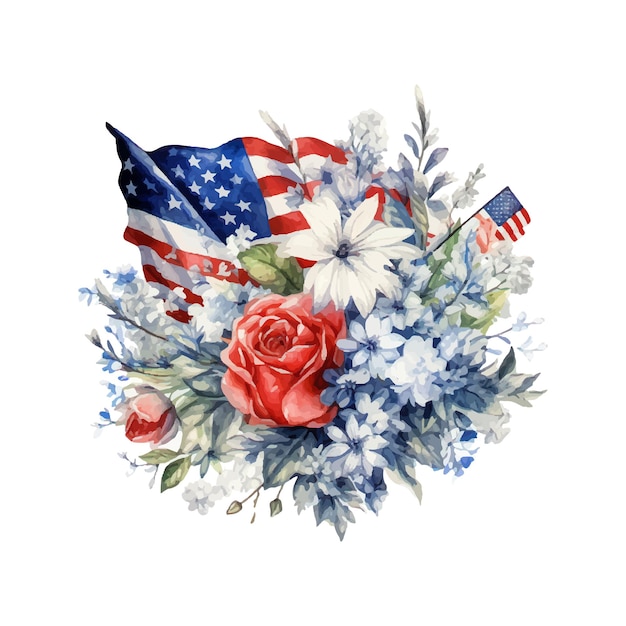 Bandiera americana con fiori Giorno dell'indipendenza degli Stati Uniti 4 luglio illustrazione ad acquerello