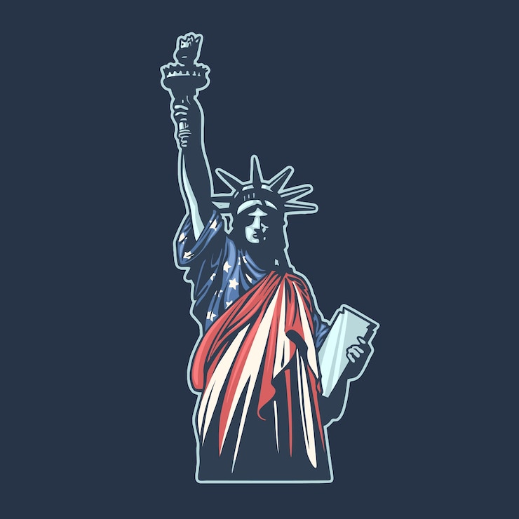 Vettore bandiera americana statua della libertà mascotte illustrazione