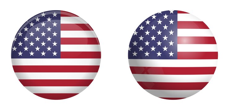 Vettore bandiera degli stati uniti d'america sotto il pulsante a cupola 3d e sulla sfera/sfera lucida.