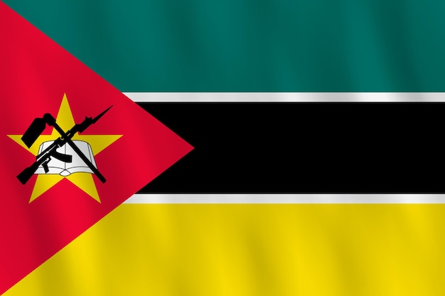 Bandiera del Mozambico con effetto ondulante, proporzione ufficiale.