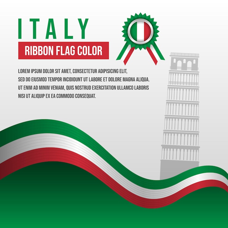 Vettore bandiera del nastro dell'italia con silhouette e decorazione della torre