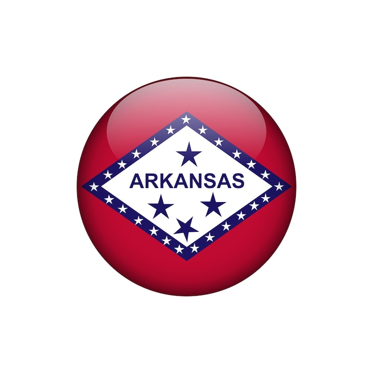 Vettore bandiera del pulsante del cerchio rotondo dell'arkansas del modello vettoriale degli stati uniti