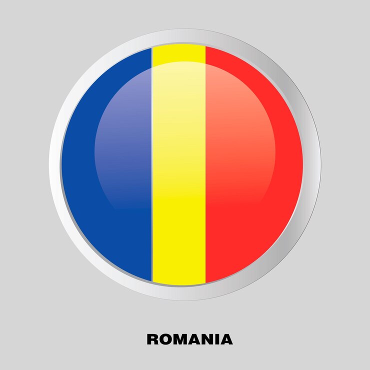 Vettore bandiera del pulsante vettoriale della romania sul telaio rotondo