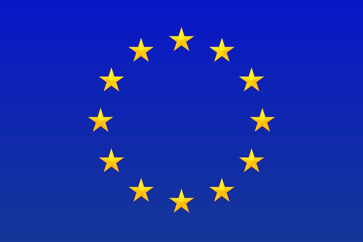 Vettore bandiera dell'europa. simbolo dell'unione europea. cerchio di stelle luminose, oro isolato su sfondo blu