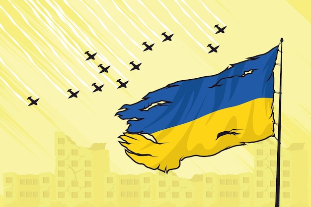 Bandiera dell'Ucraina strappata e aviazione