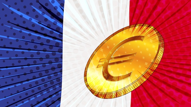 Bandiera della Francia e moneta d'oro con il concetto di valuta Euro EUR CBDC