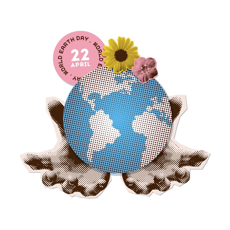 Vettore bandiera della giornata mondiale della terra di aprile concept due mani che tengono un piccolo pianeta con fiori a mezza tonalità