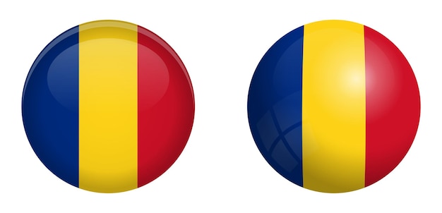 Bandiera della Romania sotto il pulsante a cupola 3d e sulla sfera/sfera lucida.