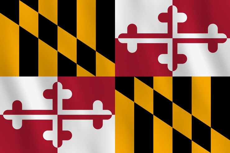 Vettore bandiera dello stato degli stati uniti del maryland con effetto ondeggiante, proporzione ufficiale.