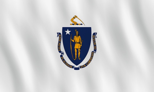 Bandiera dello stato degli Stati Uniti del Massachusetts con effetto ondeggiante, proporzione ufficiale.