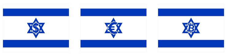 Vettore bandiera dello stato di israele con bandiera del dollaro, euro e bitcoin all'interno della stella di david. commercio israeliano verso europa, stati uniti e concetto di trading di criptovaluta