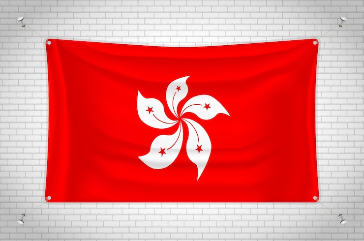 Vettore bandiera di hong kong appesa al muro di mattoni. disegno 3d. bandiera attaccata al muro. disegnando ordinatamente in gruppo