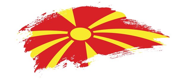 Bandiera nazionale della Macedonia del Nord con effetto tratto pennello macchia curva su sfondo bianco