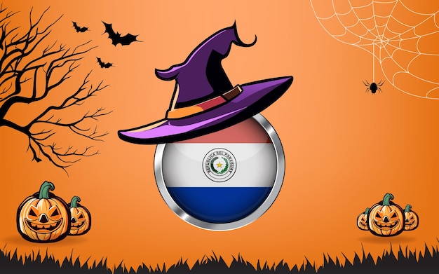 bandiera rotonda del Paraguay con banner Happy Halloween o sfondo di invito a una festa pipistrelli, ragni e zucche sfondo arancione