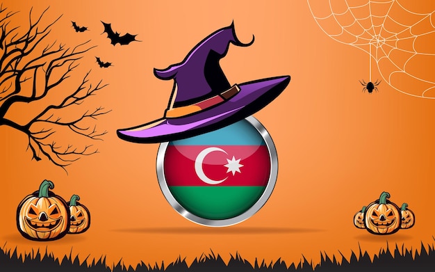 bandiera rotonda dell'azerbaigian con banner Happy Halloween o sfondo di invito a una festa pipistrelli ragni e zucche sfondo arancione