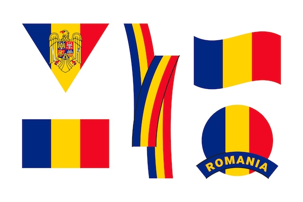Bandiera rumena disegnata a mano e collezione di emblemi nazionali