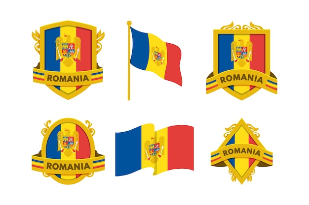 Bandiera rumena ed emblemi nazionali incastonati in stile piatto