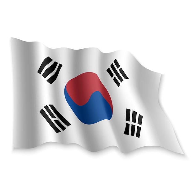 Bandiera sventolante realistica 3D della Corea del Sud su sfondo bianco