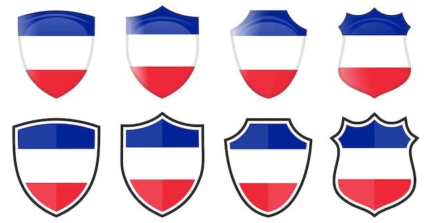 Bandiera verticale della Francia a forma di scudo, quattro versioni 3d e semplici. Icona/segno francese