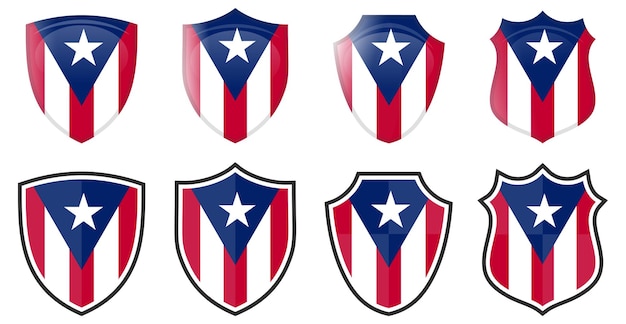 Bandiera verticale di Porto Rico a forma di scudo, quattro versioni 3d e semplici.
