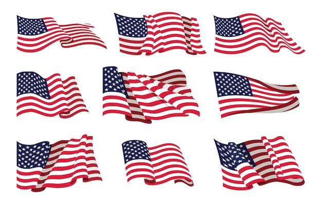Bandiere degli Stati Uniti impostate bandiere nazionali americane che ondeggiano simboli isolati su uno sfondo bianco