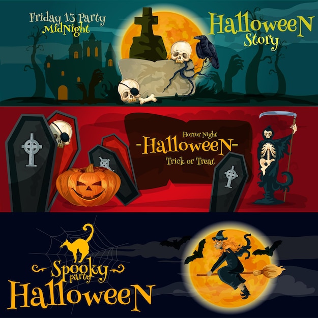 Bandiere del partito di Halloween del fumetto. Venerdì 13 lapide, bare e scheletri di Horror Night