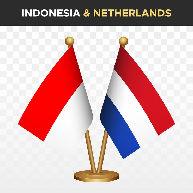 Vettore bandiere dell'indonesia contro i paesi bassi 3d standing desk bandiera bandiera indonesia