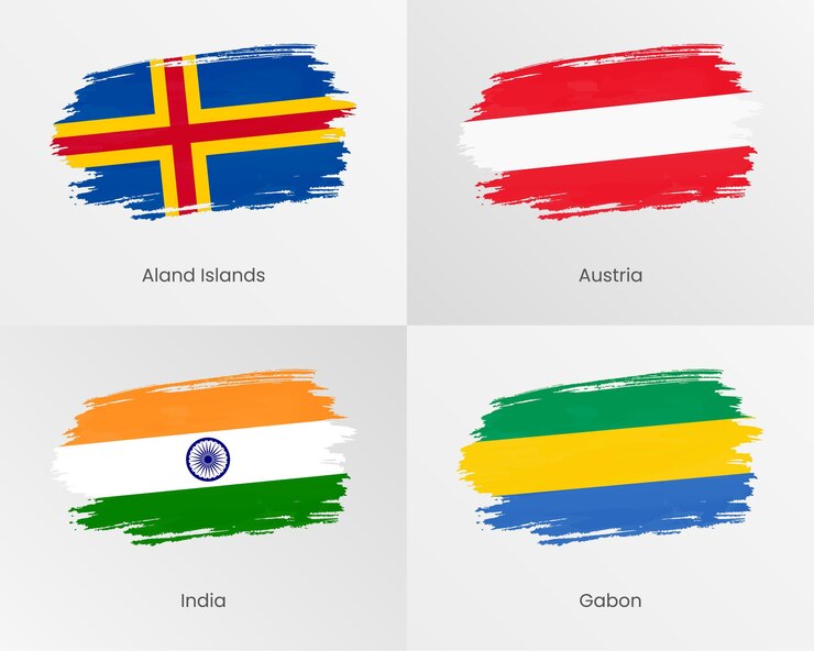 Vettore bandiere di pennellate delle isole aland, austria, india e gabon