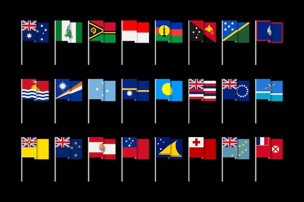 Bandiere di stati e dipendenze dell'Australia e dell'Oceania. Design grafico insolito e minimale.