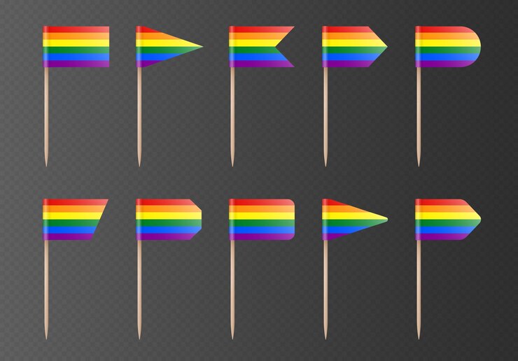 Vettore bandiere di stuzzicadenti lgbtq arcobaleno isolate su uno sfondo trasparente. bandiera dell'orgoglio su un bastone di legno. collezione di decorazioni per feste vettoriali.