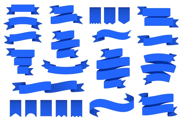 Bandiere e bandiere del nastro blu. Banner a forma di bandiera, nastro decorativo e set piatto distintivo curvo. Collezione di gagliardetti, etichette e stelle filanti. Banderole, oggetti flaglike. Decorazioni per feste e vacanze
