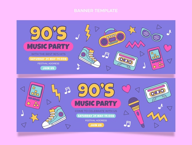 Bandiere orizzontali del festival musicale nostalgico degli anni '90 disegnati a mano