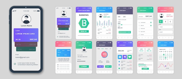 Banking mobile app interface screens template set Online account balance financial statistics credit card management analytics Pack of UI UX GUI kit for application web layout Vector design