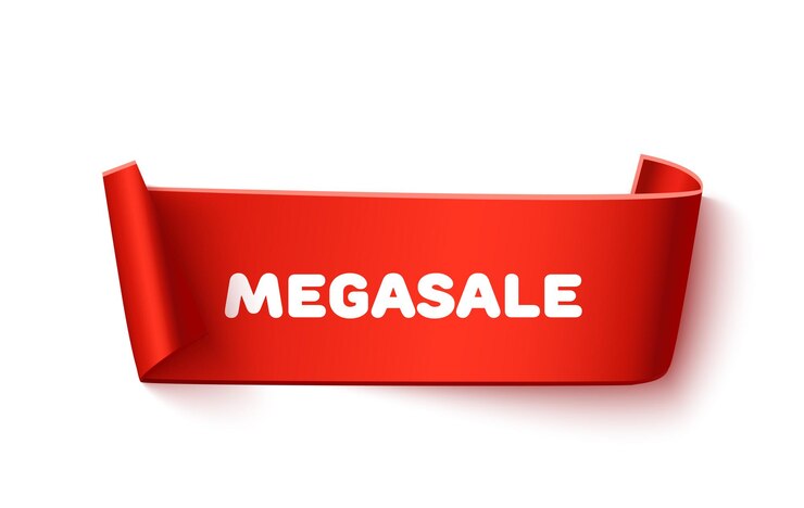 Banner a nastro di carta ricca curva rossa con rotoli di carta e iscrizione MegaSALE isolato